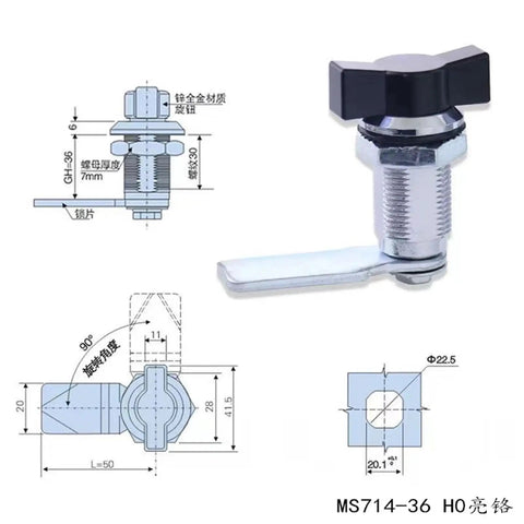 Diagram and photo of Quarter Turn Cam Lock For Mailboxes And Cabinets, Zinc Alloy Head Wing Type, Non Key Retaining, Durable Metal Lock