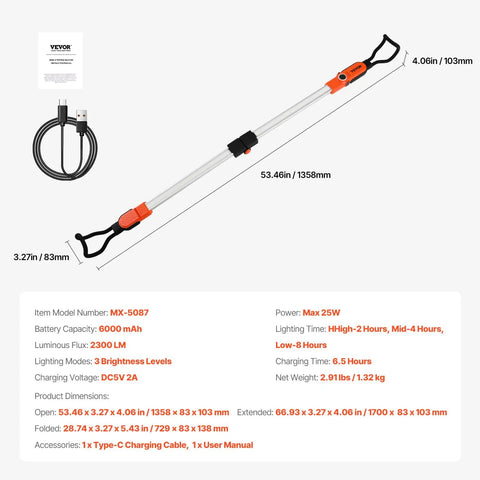Dope Rechargeable Cordless Underhood Work Light Bar With 2300 Lumens, 25W LED, shown retracted and accessories displayed