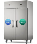 Heavy Duty Commercial Fridge And Freezer Combo With 48 Inch Width And 38 Cubic Feet stainless steel build, dual zones with temperature displays.