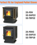 Englander pellet stoves compatible with PU-047040 Auger Motor 1 RPM Counter Clockwise Drop In Replacement, two stove models shown