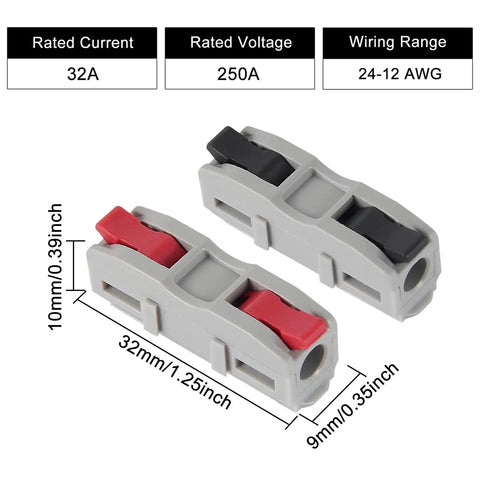 60 Piece Push In Lever Wire Nuts 1 In 1 Out Electrical Splice Connectors Slick No Sweat Tool Free Wiring Kit For Automotive And Household Circuits 28 To 12 AWG Black Red Set showing two wire connectors in red and black design.