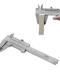 Vernier Caliper 0-50mm Precision Measuring Tool For Jewelry And Watches, Stainless Steel Body, measuring a wooden dowel.