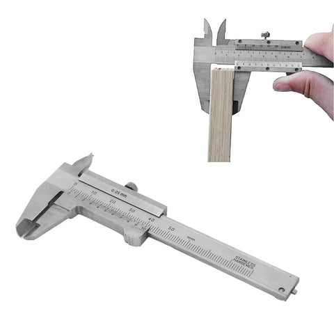 Vernier Caliper 0-50mm Precision Measuring Tool For Jewelry And Watches, Stainless Steel Body, measuring a wooden dowel.
