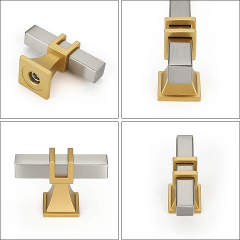 Top Shelf Brushed Nickel And Vintage Gold Cabinet Knobs 30 Pack Badass Stainless Steel Hardware With Super Tough Zinc Alloy Construction Perfect For Bedroom Drawers Kitchen Vanity Projects close-up view of solid gold and brushed nickel cabinet knobs.