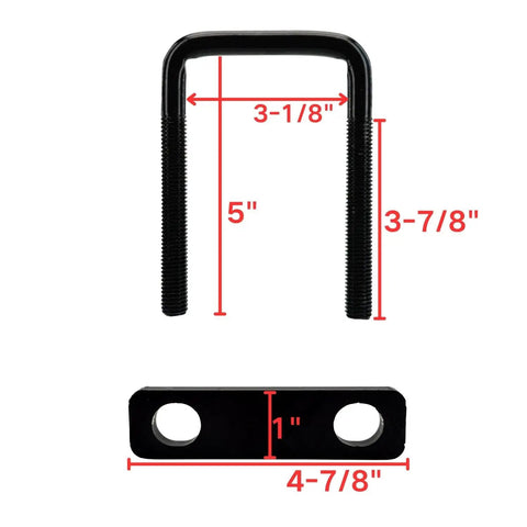 4 Pack Square U Bolts For Trailers And Trucks Durable Galvanized Steel Clamp Set For 3 Inch Wide Leaf Springs Corrosion Resistant Black Finish Heavy Duty Secure Fit showing dimensions of 3-1/8 inches by 5 inches and plate size