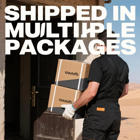 Delivery person carrying szautofc packages labeled 'Shipped in Multiple Packages' by a desert building.