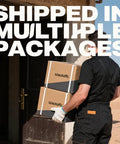 Delivery person carrying szautofc packages at a door with "Shipped in Multiple Packages" text overlay