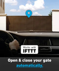 Smart Gate Opener Lite With App Control And Wireless Sensor, Works With IFTTT, viewed from car dashboard approaching gate.