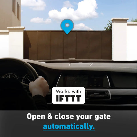 Smart Gate Opener Lite With App Control And Wireless Sensor, Works With IFTTT, viewed from car dashboard approaching gate.