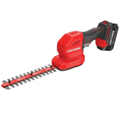 Red V20 4 Inch Cordless Handheld Grass Trimmer And 8 Inch Mini Hedge Trimmer Kit with battery on white background
