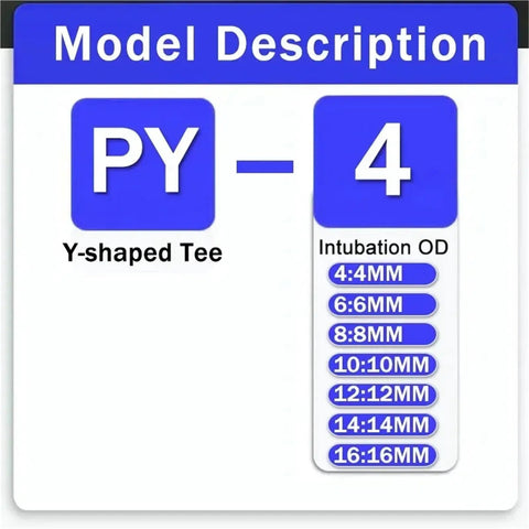 Push To Connect Hose Fittings Kit For Air Water Oil Lines Y And W Shaped Connectors PY model description with intubation sizes.