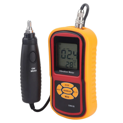 Real Deal Digital Vibration Meter With Dead Accurate Piezoelectric Sensor Handheld Portable Industrial Vibrometer Analyzer And Data Logger Featuring Crisp LCD Panel For Tracking Speed Acceleration And Displacement Measurements On The Fly with black measurement pen.