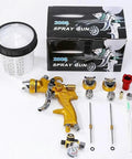 Heavy Duty Pneumatic Paint Spray Gun Set With Adjustable Pressure Regulator And Flushless Cups with attachments and cup for automotive coating.