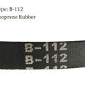 Close-up of 112 Inch Pitch Wrapped B Section Rubber V Belt with B-112 marking for industrial power drive and transmission use