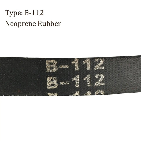 Close-up of 112 Inch Pitch Wrapped B Section Rubber V Belt with B-112 marking for industrial power drive and transmission use