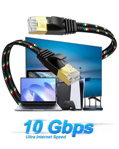 Flat Nylon Braided Cat7 Ethernet Cable 25 Ft Dope Ultra Slim And Heavy Duty Shielded Pure Copper LAN Cord Delivers 10Gbps