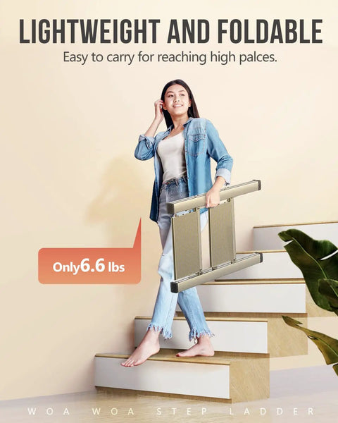 Woman carrying Two Step Aluminum Folding Ladder For Home Use Lightweight Portable Step Stool on stairs, gold finish