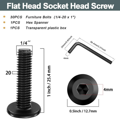 Heavy Duty 1/4-20 x 1 Flat Head Socket Head Screws For Furniture, 304 Stainless Steel, Black Zinc Plated, shown with hex spanner