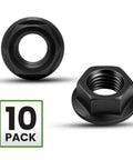 M8 X 1.25 Black Zinc Plated Flange Nuts 10 Piece Set Heavy Duty Self Locking Fasteners with built-in washers, showing two angles.
