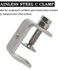 Angled side view of stainless steel C-clamp with threaded screw and wide jaw (47 mm)