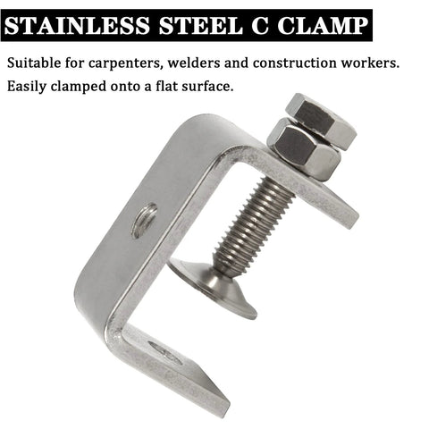 Angled side view of stainless steel C-clamp with threaded screw and wide jaw (47 mm)