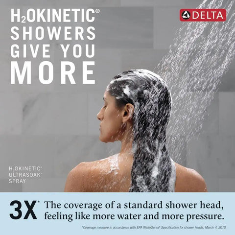 Woman showering under H2Okinetic spray from Nicoli 14 Series H2Okinetic Shower Faucet Set Chrome With Shower Head And Handle Trim Kit Plus MultiChoice Universal Valve Included And Dope Upgrade For A Modern Spa Like Shower