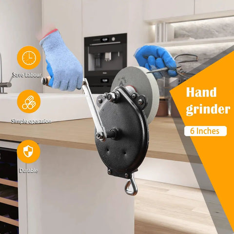 Hand Crank Kitchen Knife And Garden Tool Sharpener No Sweat Mount Quick Polish Grinder Six Inch Manual Machine Fast Edge Restoration For Razor Sharp Results in use, showcasing durable design and simple operation.