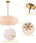 Totally Iconic 24 Inch Linen Drum Chandelier With Six Warm Lights Featuring Sleek Gold Frame, golden metal canopy, linen shades, and E26 bulb base.