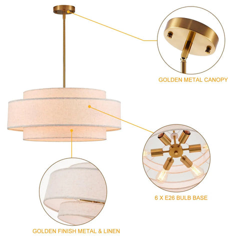 Totally Iconic 24 Inch Linen Drum Chandelier With Six Warm Lights Featuring Sleek Gold Frame, golden metal canopy, linen shades, and E26 bulb base.