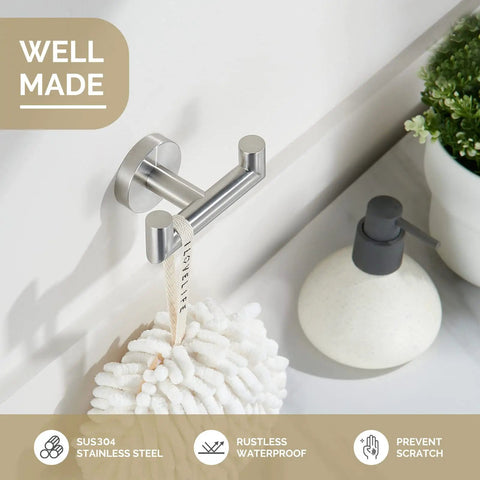 Heavy Duty Brushed Nickel Towel Hook For Bathroom Wall Mount SUS 304 Stainless Steel Double Coat Hook with loofah