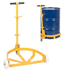55 Gallon Heavy Duty Drum Dolly With Swivel Wheels And 1200 Lbs Capacity, Adjustable Ergonomic Handle For Easy Maneuvering And Secure Barrel Transport In Shops, Garages, And Warehouses. Yellow steel drum dolly with 55-gallon barrel