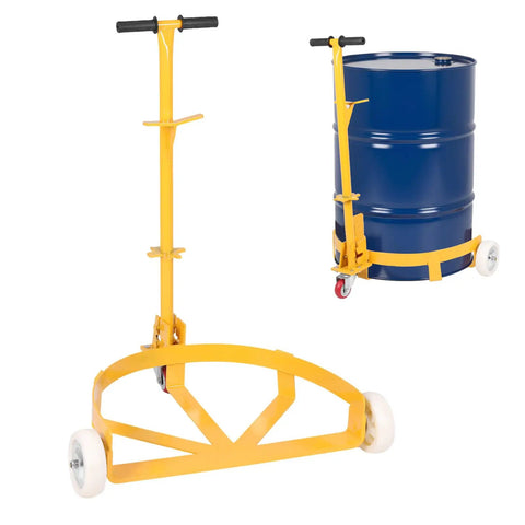 55 Gallon Heavy Duty Drum Dolly With Swivel Wheels And 1200 Lbs Capacity, Adjustable Ergonomic Handle For Easy Maneuvering And Secure Barrel Transport In Shops, Garages, And Warehouses. Yellow steel drum dolly with 55-gallon barrel