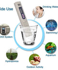 Digital Water Quality Tester PPM Meter With Built In Thermometer for Drinking Water, Pools, Aquariums showing wide use applications.