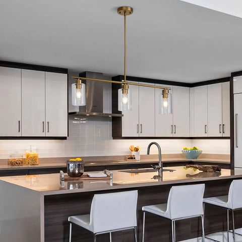 3 Light Kitchen Island Pendant Light Set For Farmhouse Vibe Dining Area With Clear Glass Shades Brushed Brass Modern Pendant Lights