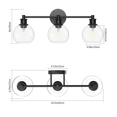Dimensions of Three Light Industrial Vanity Fixture In Matte Black With Clear Glass Globes, Farmhouse Style Bath Lighting