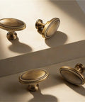 Premium Solid Brass Cabinet Handles French Vintage Style T Bar Drawer Knobs For Kitchen Cabinets And Bathroom Vanity, antique oval knobs displayed.