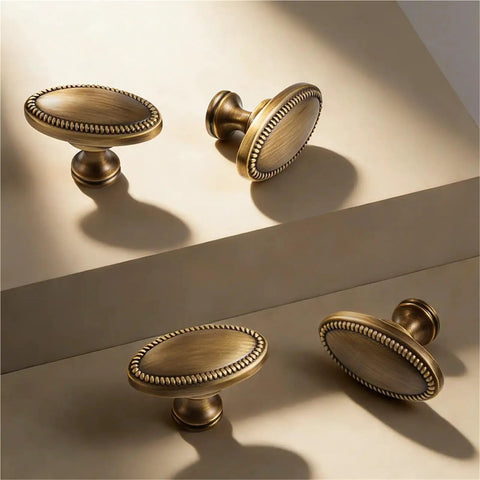 Premium Solid Brass Cabinet Handles French Vintage Style T Bar Drawer Knobs For Kitchen Cabinets And Bathroom Vanity, antique oval knobs displayed.