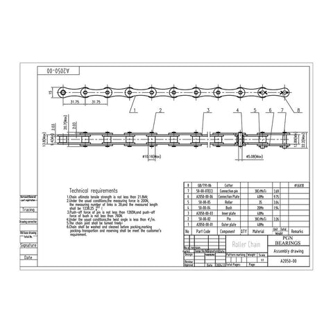 Buy This 10 Foot ANSI #A2050 Single Strand Roller Chain For Industrial Power Transmission; technical drawing and specifications.