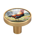 Close-up of Dope Rooster Vintage Cabinet Knob with zinc alloy gold print and acrylic back, featuring a colorful rooster design.