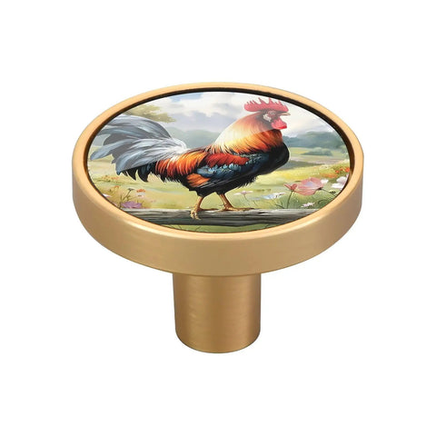 Close-up of Dope Rooster Vintage Cabinet Knob with zinc alloy gold print and acrylic back, featuring a colorful rooster design.