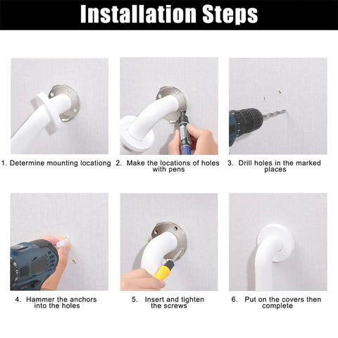 Installation steps of Straight Up Solid Stainless Steel Twelve Inch Bathroom Safety Grab Bar With Smooth Anti Slip Grip.