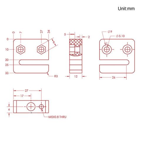 Diagram of Knockout 2Pack Anti Backlash Nut Block with 8mm diameter, 2mm pitch, precise dimensions for CNC upgrade.