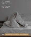 Child using Two Pack 1080P Indoor Security Cams With Night Vision, 2 Way Audio, Alexa Baby Monitor, under blanket on bed.