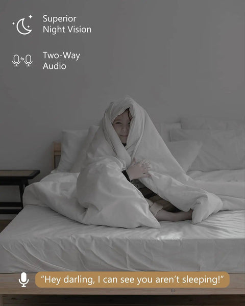 Child using Two Pack 1080P Indoor Security Cams With Night Vision, 2 Way Audio, Alexa Baby Monitor, under blanket on bed.