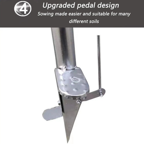 Close-up of white 4.0cm seed sower and fertilizer applicator with upgraded pedal design, galvanized steel, durable garden tool for agriculture.