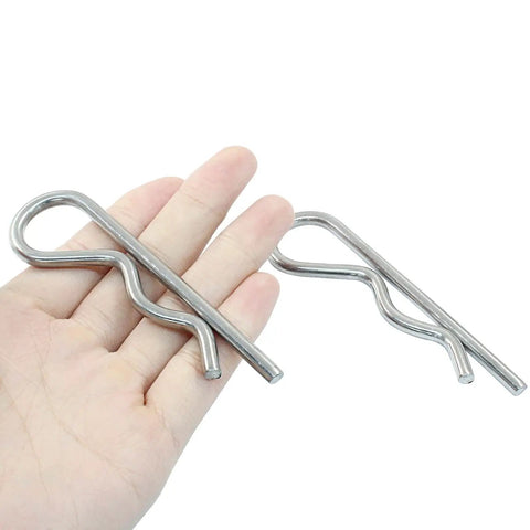 Stainless Steel R Clips 5mm Wire Diameter 100mm Length 2 Pack Heavy Duty Hitch Pin Clips for Trailers and Equipment in hand.