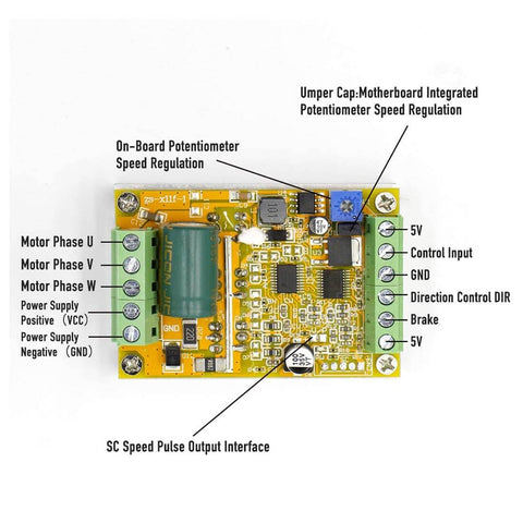 Image of a circuit board for 380W Three-Phase DC Brushless Motor Speed Controller Sensorless Hall-Less PWM 6.5 To 50V With Terminal Blocks.