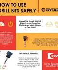 Infographic on drill bit safety tips, emphasizing proper use and precautions for Gyros Mini Drill Bits.
