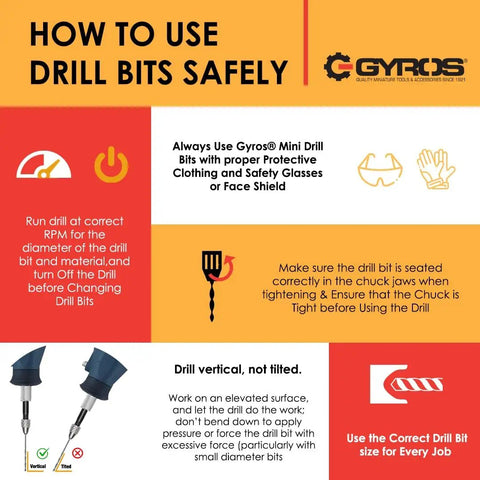 Safety instructions for using drill bits, including correct RPM, protective gear, vertical drilling advice, and proper bit seating