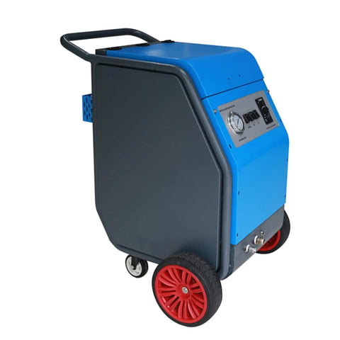 Portable Heavy Duty Dry Ice Blasting Machine for Auto Engine Degreasing and Garage Floor Decontamination with wheels.